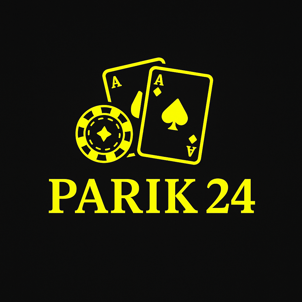 Логотип Parik 24 с картами и фишкой в неоново-жёлтом цвете